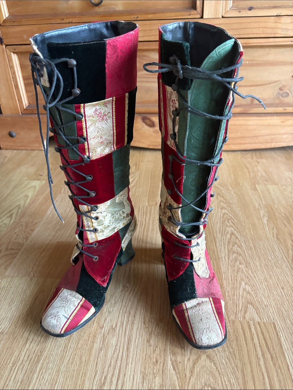 Kennith Cole Patchwork Lace-Up Knee-High Boots in Red, Green & Black